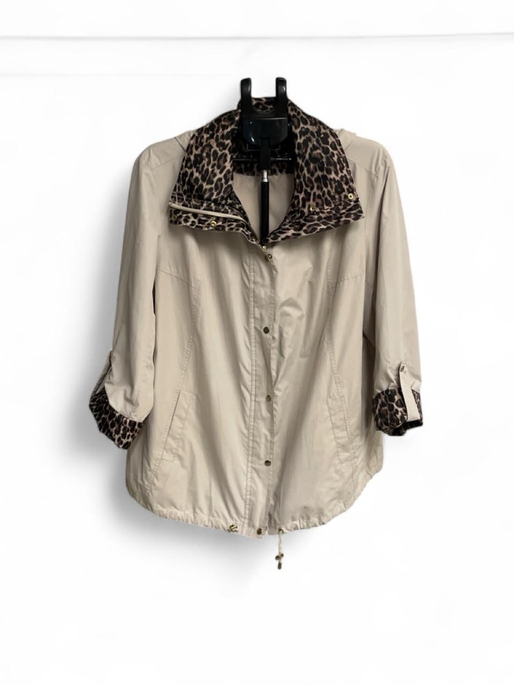 JM Collection Beige Utility Jacket with Leopard-Print Trim